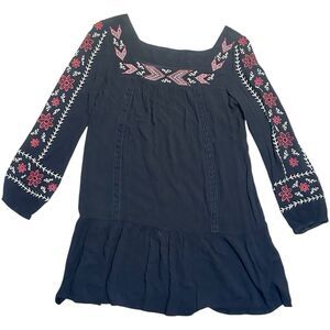 Boho 100% Cotton Black Embroderied Mini Dress Size M Long Sleeve Festival Hippie